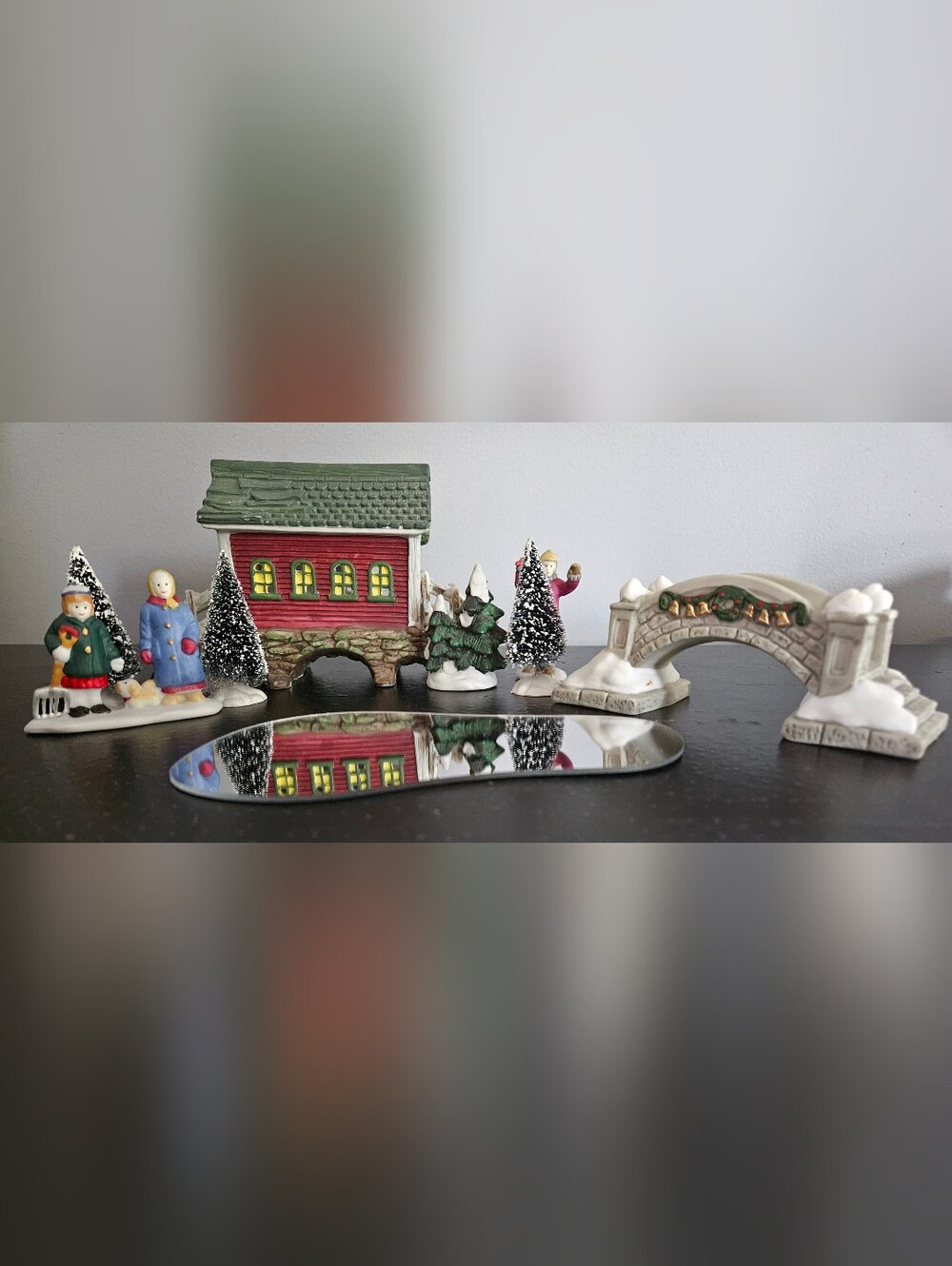 Holiday Village Covered Bridge and Winter Scene Décor - Green & Red